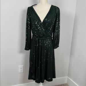 NEW w/TAGS DKNY Dark Green Sequin Long Sleeve Dress